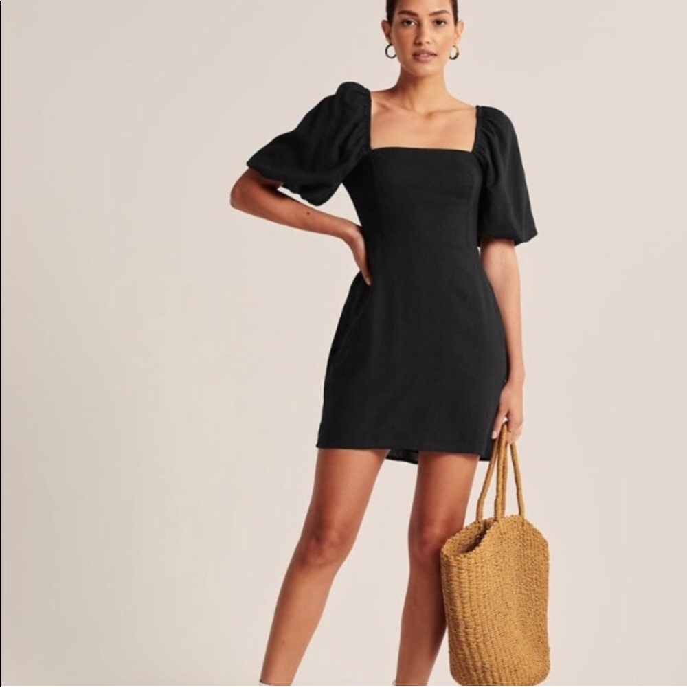 Abercrombie & Fitch Black Puff Sleeve Linen Dress